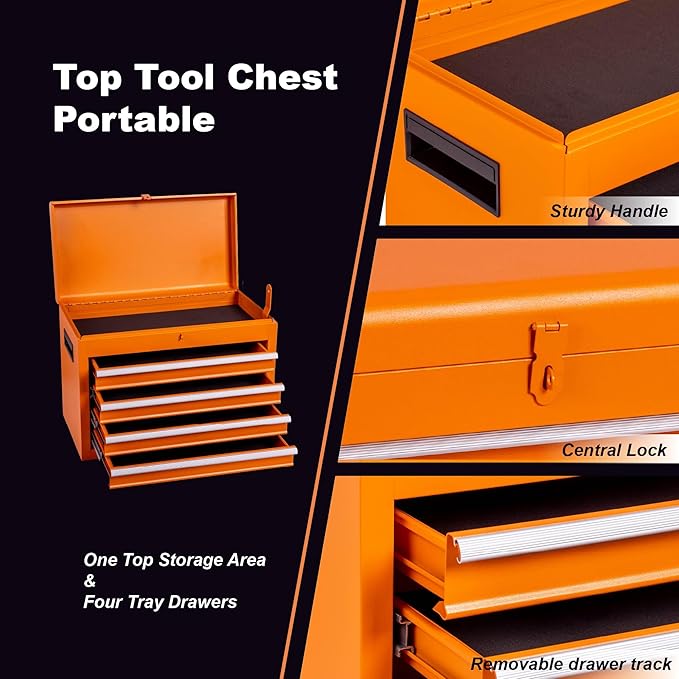 Tool Chest, 5-Drawer Rolling Tool Storage Cabinet with 2 in 1 Detachable Top Tool Box, Liner, Lockable Wheels, Side Hooks,Metal Tool Cart for Garage (5-Drawer Orange)