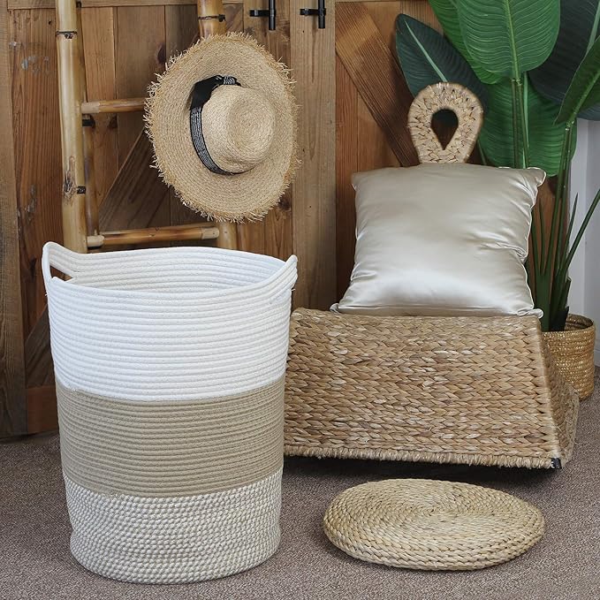 Sea Team Large Size Cotton Rope Woven Storage Basket with Handles, Laundry Hamper, Fabric Bucket, Drum, Clothes Toys Organizer for Kid's Room, 20 x 14 inches, Round Open Design, White & Mottled Khaki