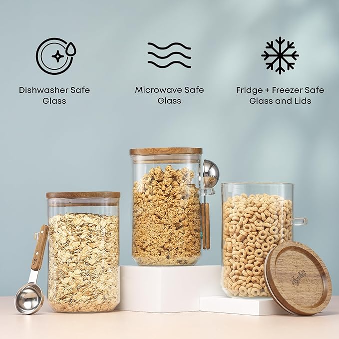 JoyJolt Holden 32oz Stackable Glass Storage Containers with Lids Scoops and Tray, Clear Airtight Food Canister Set of 3 w/Acacia Wood Lids, Round Stacking Pantry and Kitchen Containers w/Scoop