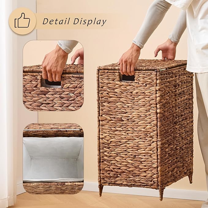 Large Laundry Hamper with Lid, Handwoven Hyacinth Rattan Clothes Hamper with Removable Liner Bag, Heightened Feet Wicker Laundry Basket for Bathroom, Bedroom, Living Room and Laundry