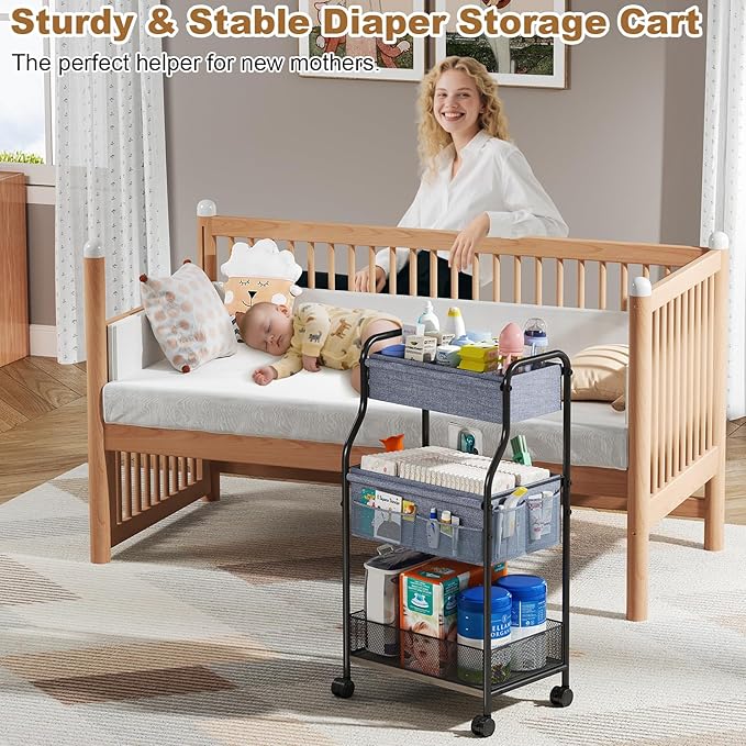 3-Tier Baby Diaper Caddy Organizer and Storage Cart, Mobile Metal Utility Cart with Rolling Wheels for Nursery Essentials with 4+2 Dividers, Large Capacity Rolling Cart For Kitchen, Bathroom, Office