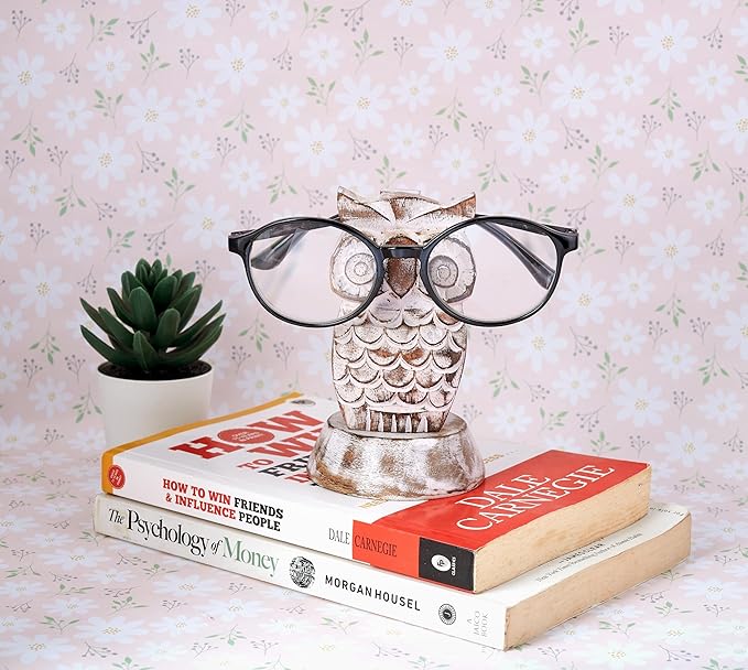 Stocking Stuffers Wooden Owl Glasses Holder Night Stand Reading Eyeglass Retainer White Elephant Gifts for Adults Women Men Him Her Mom Dad Car Christmas Gifts