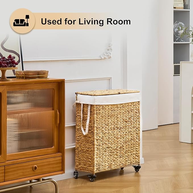 Rolling Laundry Hamper with Lid and Wheels, Slim Laundry Basket with Removable Liner Bag & 2 Mesh Bags, Handwoven Water Hyacinth Clothes Hamper for Bedroom Bathroom (Natural, 85L)