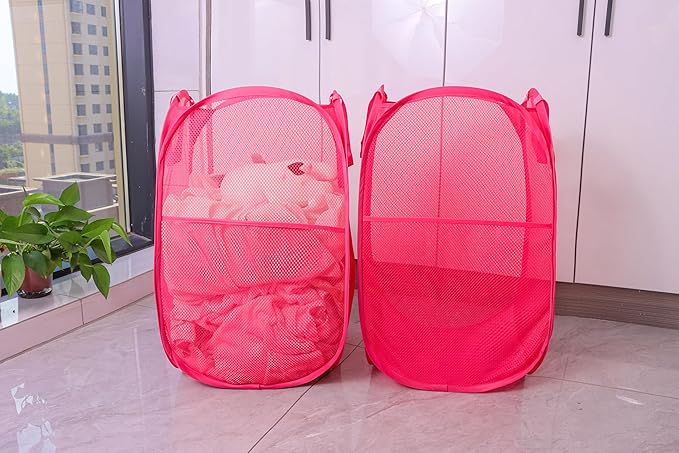 Foldable Mesh Popup Laundry Hamper,Laundry Basket Easy to Open and Fold for Dorm,Travel, College Dorms, and More (2 pink)