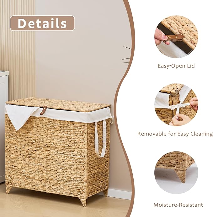 Laundry Hamper with Lid and Removable Liner Bag, Handwoven Natural Hyacinth Clothes Hamper with Heightened Feet, Wicker Laundry Basket for Clothes and Towels，Large, 2-sections