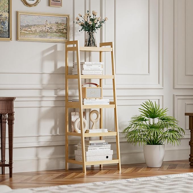 SMIBUY Bamboo Ladder Bookcase, Bathroom Storage Rack Organizer, 4 Tier and 5 Tier Freestanding Plant Display Stand Space Saver Shelves for Bedroom, Kitchen, Balcony (Natural, 5 Tiers (50" H))
