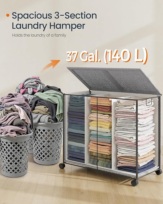 SONGMICS HOME Laundry Hamper with 3 Section, Large 140 L Rolling Laundry Basket with Wheels, Rattan Clothes Basket with Lid, Removable Liner with Handles, Dove Gray and Matte White ULCB602G01
