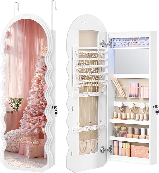 SONGMICS Mirror Jewelry Cabinet Wall Mounted Over the Door, Hanging LED Jewelry Organizer, Lockable Wavy Wide Mirror with Storage, Interior Lights, 3.9 x 16.5 x 42.5 Inches, White UJJC031W01