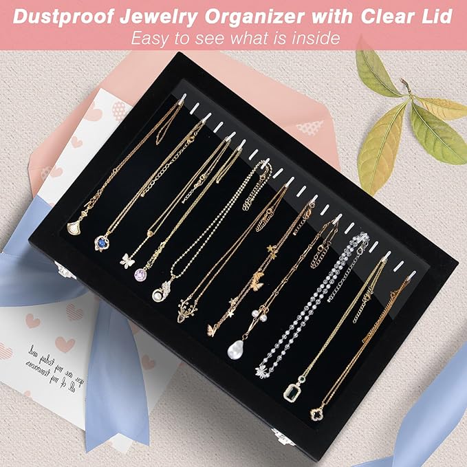 Cirhy Necklace Organizer Box, Anti-Tarnish Jewelry Box & Dustproof Necklace Case, Velvet Jewelry Tray for Drawer Storage, Tangle-Free Jewelry Organizer with Clear Lid, Christmas Gift for Women & Girls