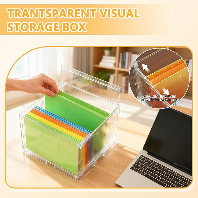 File Organizer Box with Lid,Hanging Filing Folder Organizer for Document Storage with Plastic Slide, Letter-size File Holder Filing Box for Office/Home/Decor/（1Pack）
