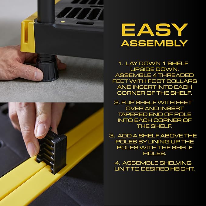CX Black & Yellow, 4-Tier Heavy Duty Plastic Storage Shelving Unit, 200lbs/shelf (55"H x 48"W x 20"D), for Garage Tools, Basement & Outdoor Organization, Modular Rack