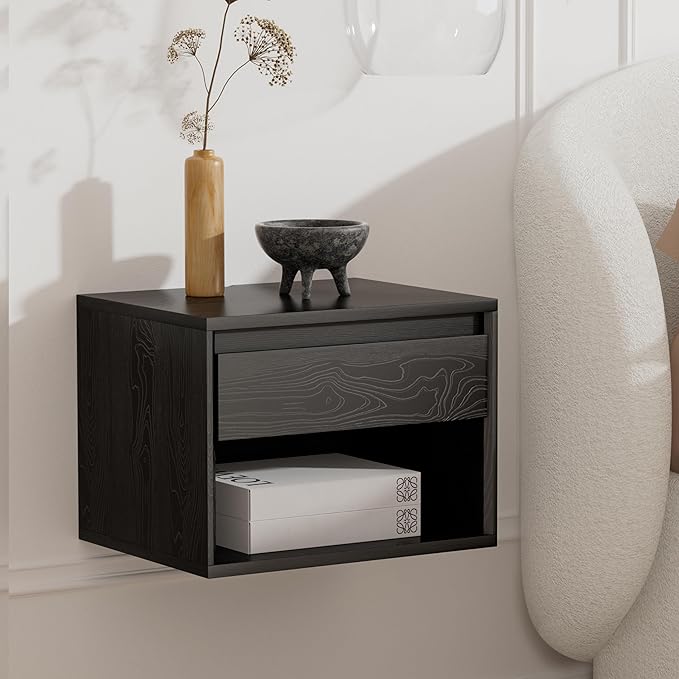 Floating Nightstand Set of 3, Wall Mounted Bedside Table with Storage Drawer and Open Shelf, Modern Night Stand with Handless Design for Living Room, Bedroom, Dorm, Black