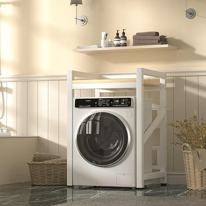 Over The Washer and Dryer Storage Shelf, Widen & 3 Height Adjustable Stacking Rack, Space Saver Washer Dryer Stacking Kit, Thicker Metal Washer Shelf for within 29.5" width (White, 29.5 Inch)