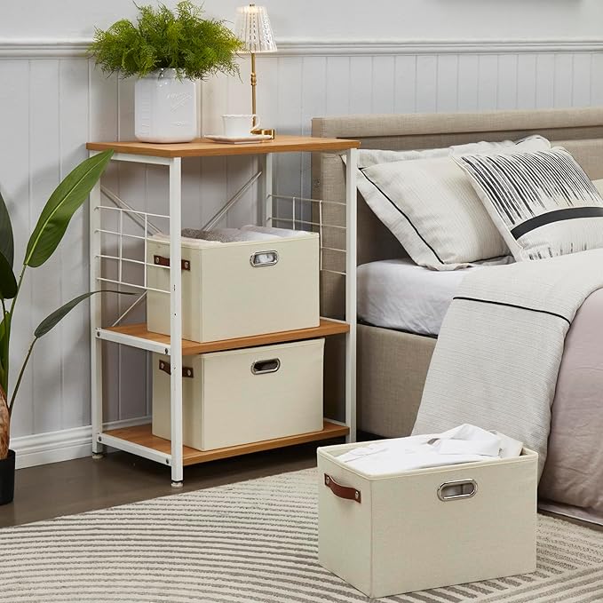 Large 3-Pack Foldable Fabric Storage Bins with Durable PU & Metal Handles, Collapsible Storage Baskets for Shelves, Home Storage, Closet Organizers, Living Room(14.9"x9.8"x9.8", Beige)