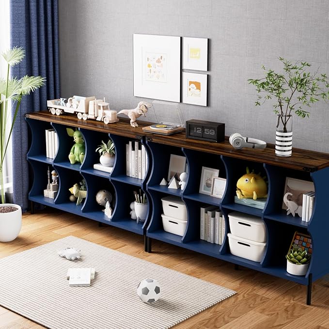 8 Cube Storage Shelf Organizer, Low Book Shelf Bookcase Entryway Table, Wood Closet Storage Display Cabinet TV Stand for Living Room, Office,Bedroom, Dorm, Blue with Natural Top