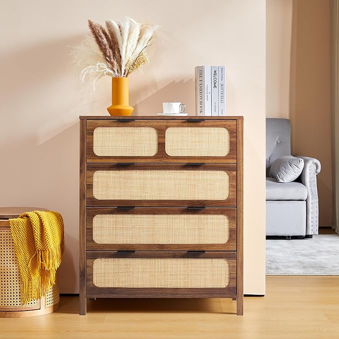 4 Drawer Dresser with Rattan Finish, Modern Farmhouse Chest of Drawers with Metal Handles, Accent Wood Storage Cabinet for Bedroom, Living Room (Walnut-4 Drawers)