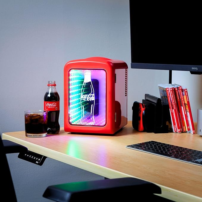 Coca-Cola 4L / 6-Can Mini Fridge with Multi-Color LED Light – Portable Thermoelectric 12V DC/110V AC Quiet Cooler/Warmer for Bedroom, Office, Car, Gaming Room, Mini Refrigerator for Drinks & Skincare