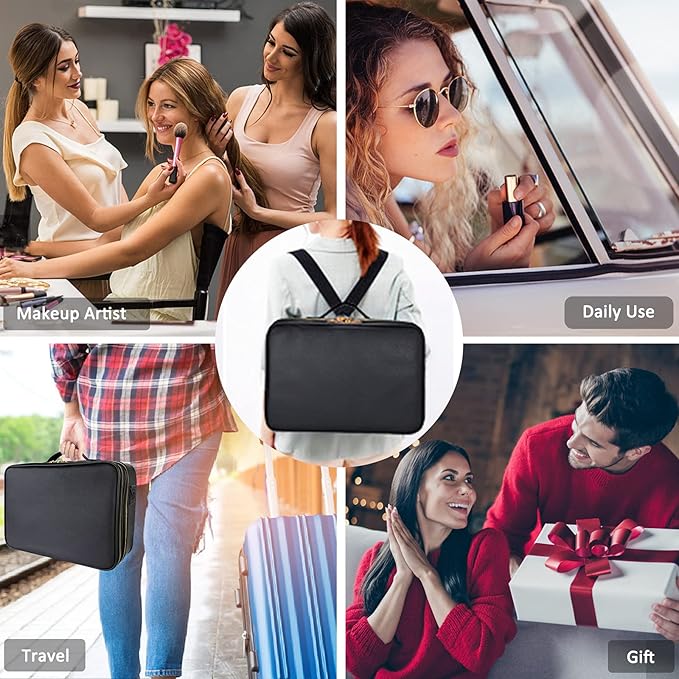JOURMON Travel Makeup Train Case,Large Capacity Cosmetic Bags for Women,Portable Makeup Bag Organizer with Adjustable Dividers & Shoulder Strap(Black, L)