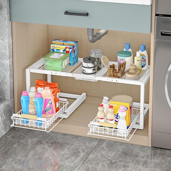 Under Sink Organizer,Pull Out Storage Organizer,2 Tier Sliding Sink Organizer Under Cabinet For Kitchen,Bathroom