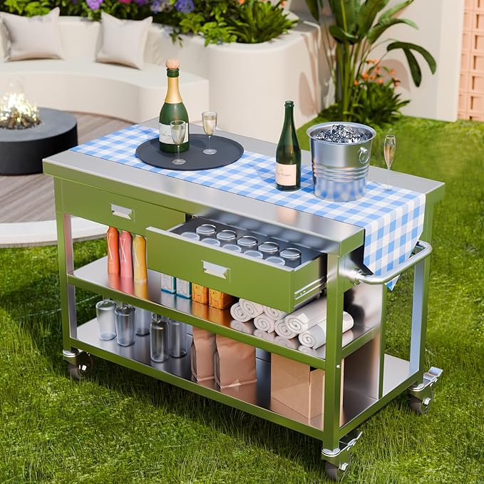 Stainless Steel Kitchen Island with Storage, Rolling Kitchen Island Cart on Wheels with 2 Drawers, Industrial Kitchen Cart, Commercial Portable Island for Kitchen, Bar, Outdoor Patio, 25 x 50 x 37 in