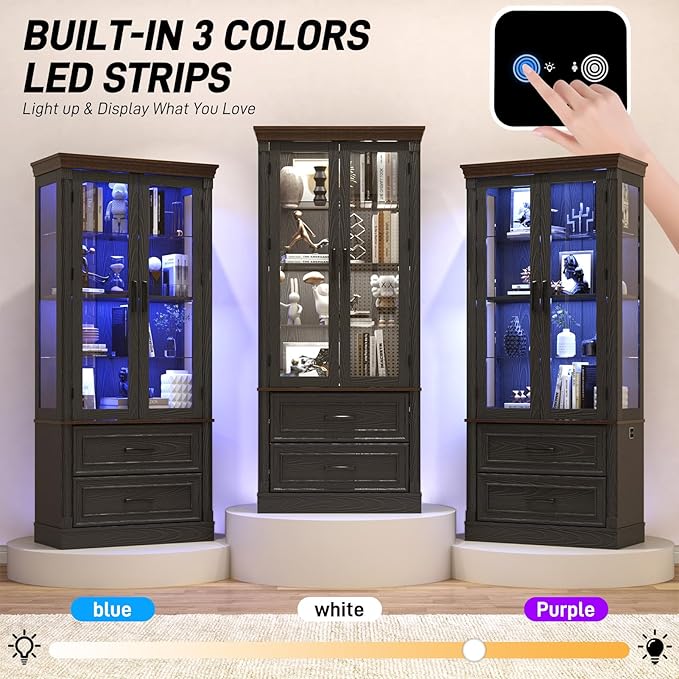 St.Mandyu 71" Tall Display Cabinet with Glass Doors, Curio Case with LED Sensor Lights and 2 Storage Drawers for Living Room, Home, Kitchen, Black