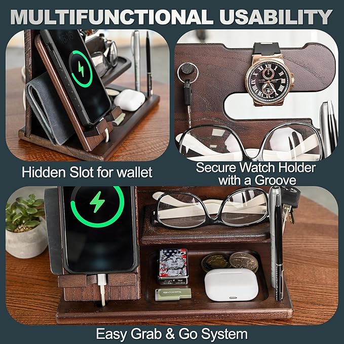 TESLYAR Wood Phone Docking Station for Men - Desk or Nightstand Organizer - Birthday Gifts for Husband, Dad - Anniversary Idea from Wife - Key Holder, Stand Wallet, Watch & Essentials (Wenge)