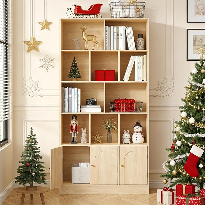 71" Tall Bookshelf with 10 Cubes and 3 Doors, 4-Tier Bookshelf, Open Shelf Bookcase with Cabinet, Modern Cube Storage Organizer for Living Room, and Office, Natural Wood Color