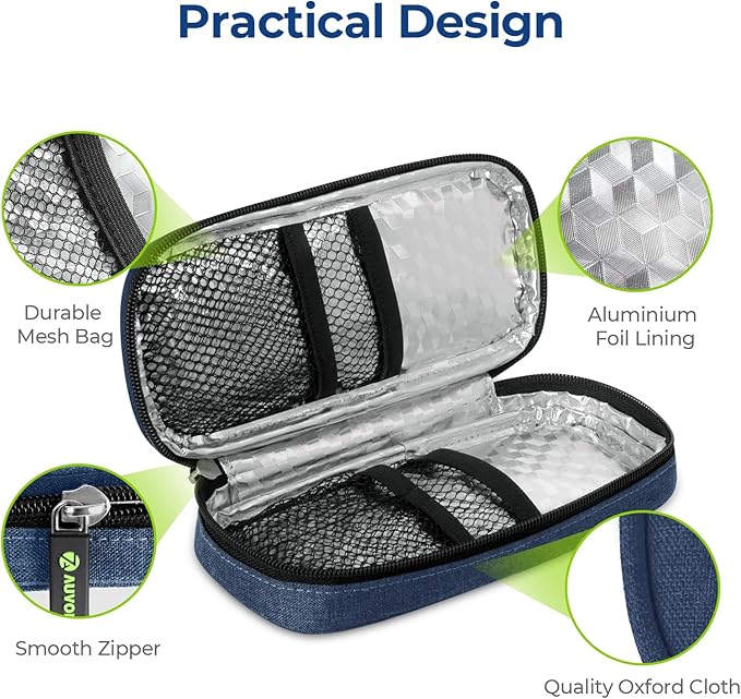 AUVON Insulin Pen Cooler Travel Case with 2 x 90g TSA Approved Ice Packs, Diabetic Medication Insulated Cooling Bag for Insulin Pens and Diabetic Supplies Storage, Compact for Daily Life and Trips