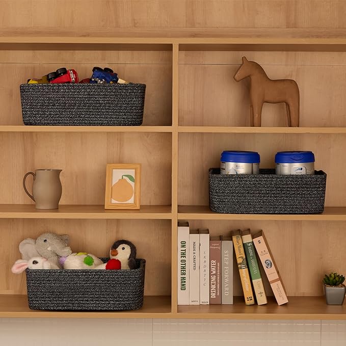 Large Shallow Organizing Baskets 15x11x5.1 Inches - Rope Woven Storage Bins for Bathroom, Shelves, Cube Closet, Mixed Black 4 Packs