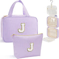 YOOLIFE Travel Toiletry Bag Makeup Bag - Hanging Toiletry Bag for Women, Portable Toiletries Travel Bag and Cosmetic Bag, Airplane Travel Essentials Travel Toiletry Bag - Letter J, Purple