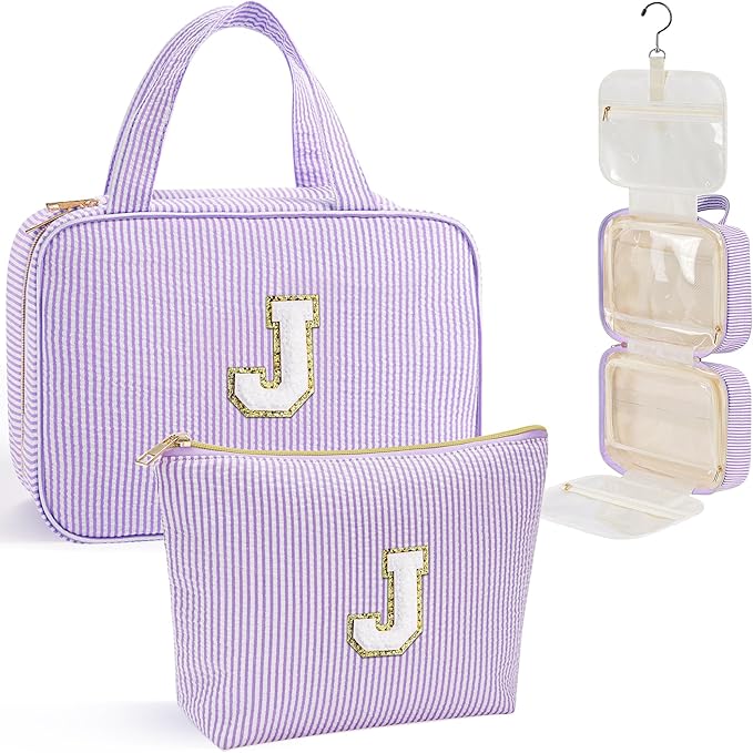 YOOLIFE Travel Toiletry Bag Makeup Bag - Hanging Toiletry Bag for Women, Portable Toiletries Travel Bag and Cosmetic Bag, Airplane Travel Essentials Travel Toiletry Bag - Letter J, Purple