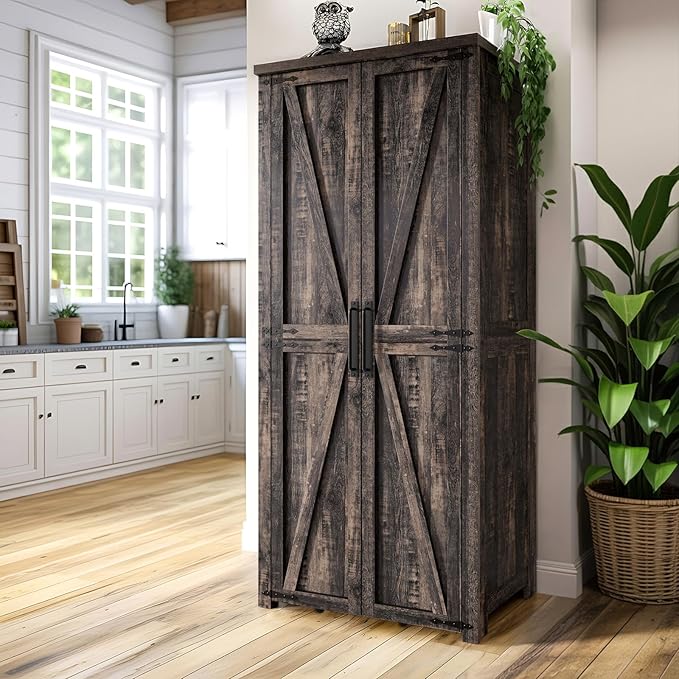 Farmhouse Kitchen Pantry Cabinet, 72" Tall Storage Cabinet with Adjustable Shelves，Farmhouse LED Food Storage with 2 Barn Doors for Kitchen, Dining Room, Living Room