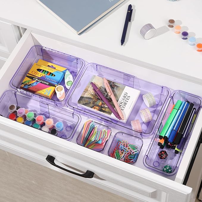 14 Pcs Adjustable Clear Drawer Organizer, Extendable Vanity Storage Bins, Desk Drawer Organizer Set for Makeup, Cosmetics, Bedroom, and Gadgets, Purple