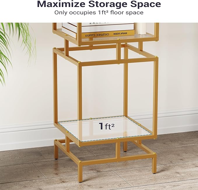 4 Cube Glass Shelf, 4-Tier Bookshelf, Display Shelf Rack, Metal Storage Rack with Tempered Glass, Modern Style for Living Room, Bathroom, Kitchen, Golden