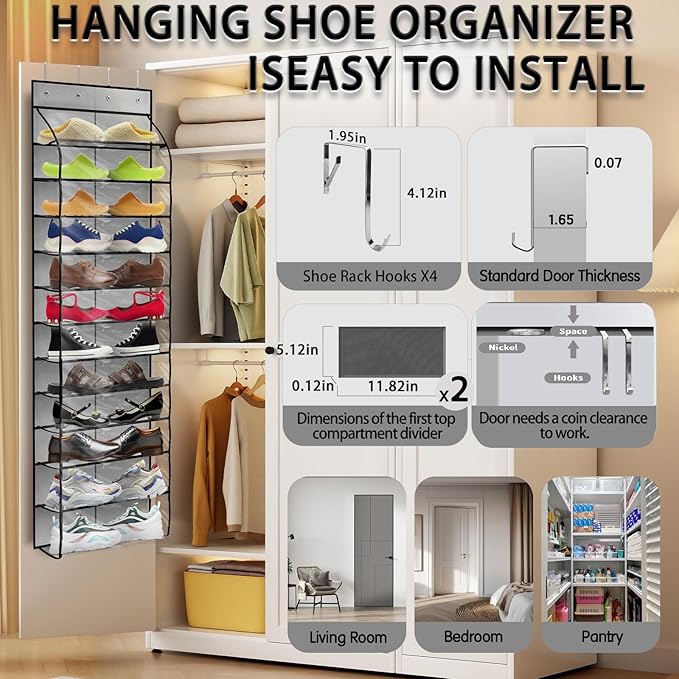 Over The Door Shoe Organizer with 12 Large Breathable Pockets - Sturdy Hanging Storage for Shoes of All Ages - Gray