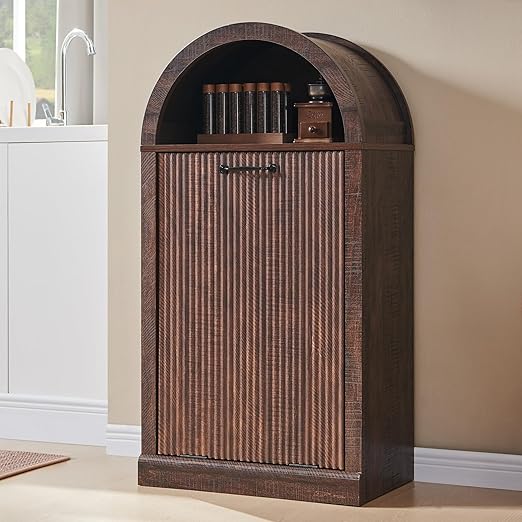 Arched Tilt-Out Trash Can Cabinet, Fluted 10 Gallon Trash Can Cabinet Set of 2, Modern Laundry Hamper, Hidden Garbage with Storage Basket for Kitchen, Living Room, Brown