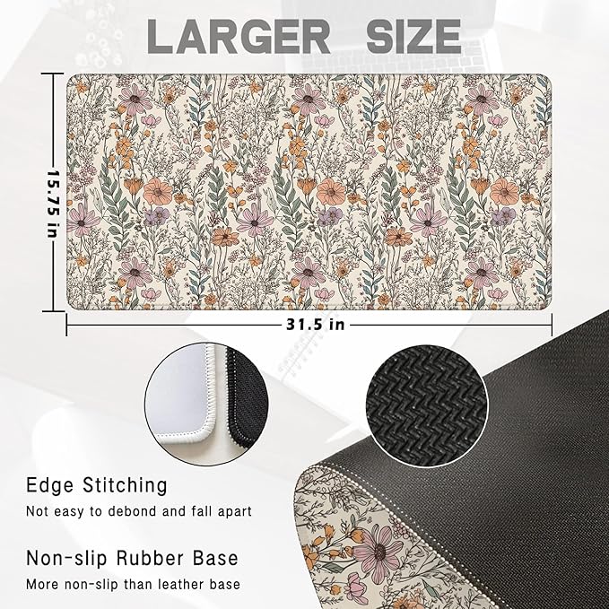 Vintage Rustic Wildflower Floral Large Mouse Pad 31.5x15.7inch, Retro Cottagecore Botanical Flower Large Extended Computer Desk Mat Mousepad for Keyboard and Mouse, Floral Desk Accessories
