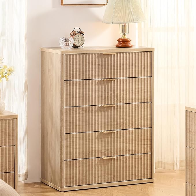 LEYAOYAO Fluted 5 Drawers Dresser for Bedroom Set of 2, 41" Tall Modern Chest of Drawers with Metal Handle, Curved Profile Design,Natural Wood Drawer Organizer for Bedroom, Living Room, Hallway