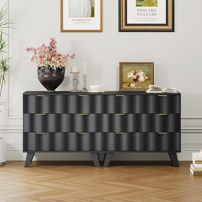 3 Drawer Dresser, Fluted Chest of Drawers with Handles for Closet, Large Nightstand with 3 Drawers Accent Cabinet for Bedroom, Living Room, Hallway (Black)