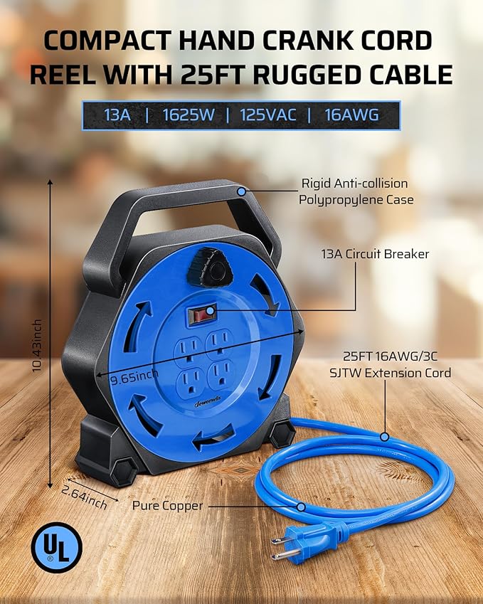 DEWENWILS Extension Cord Reel with 25 FT Power Cord, Hand Wind Retractable, 16/3 AWG SJTW, 4 Grounded Outlets, 13 Amp Circuit Breaker, Blue, Blue Cord, UL Listed