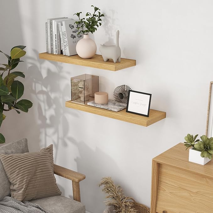 Fun Memories 32 Inch Floating Shelves for Wall Set of 2, Rustic Wood Wall Mounted Floating Shelf for Bathroom, Bedroom, Kitchen, 9.3 Inch Deep Shelves Invisible Brackets for Books|Storage|Decor, Oak