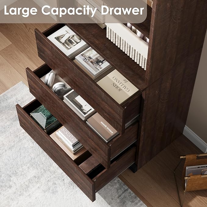 GarveeHome 70" Tall Bookcase with Drawers, Bookshelf w/ 3 Tier Open Shelves & 3 Storage Drawers, Modern Deep Storage Book Shelf Storage Cabinet Organizer for Living Room Office Library (Brown)