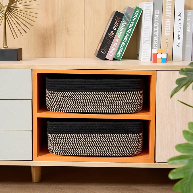 Large Shallow Organizing Baskets 15x11x5.1 Inches - Rope Woven Storage Bins for Bathroom, Shelves, Cube Closet, Black Woven Brown 4 Packs