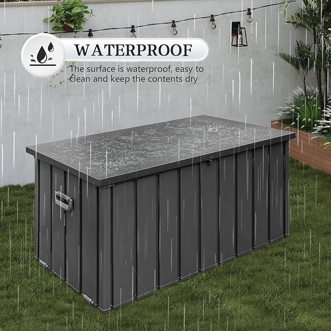 Domi 150 Gallon Deck Box, Metal Outdoor Storage Box with Lock Wheels Side Handles, Waterproof Outside Storage Box for Patio Cushions, Shoes & Pool Tools