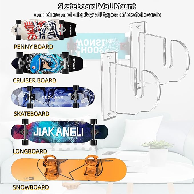 BiJun Skateboard Wall Mount, Snowboard Wall Mount Display, Acrylic Horizontal Skateboards Rack, Skateboard Storage Hanger (Transparent)