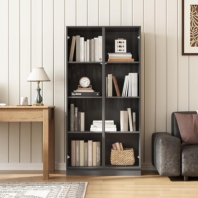 Glass Display Cabinet with LED Lights, Display Case Bookcase with 4-Tier Shelves, Curio Cabinet with 2 Glass Doors, Storage Cabinet for Collectibles, Living Room