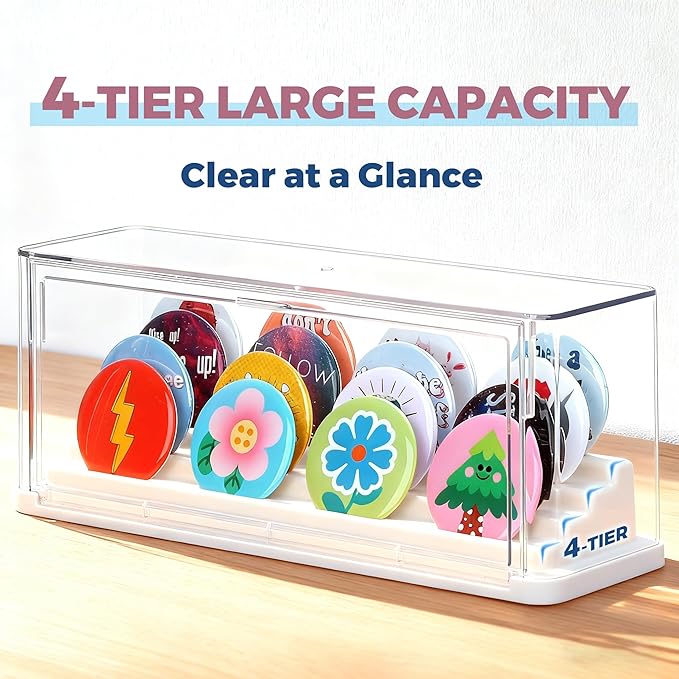 2 Pack Button Pin Display Case – 4-Tier Clear Badge Storage Box, Stackable Dustproof Pin Organizer with Front Door for Button Pins, Enamel Pins, and Collectibles (White-2 Pack)