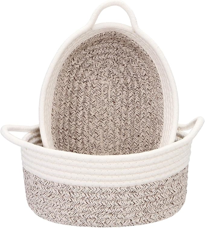 Sea Team 2-Pack Cotton Rope Baskets, 10 x 7 x 4 Inches Small Woven Storage Basket, Fabric Tray, Bowl, Oval Open Dish for Fruits, Jewelry, Keys, Sewing Kits (Mottled Brown & White)