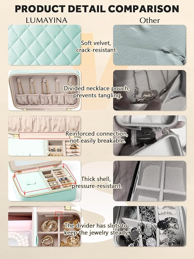 Velvet Travel Jewelry Box with Large Mirror, Double-Layer Jewelry Organizer Case for Women and Girls, Portable Storage Case with 6 Anti-Tarnish Bags Gift Ready for Her (Mint Green)