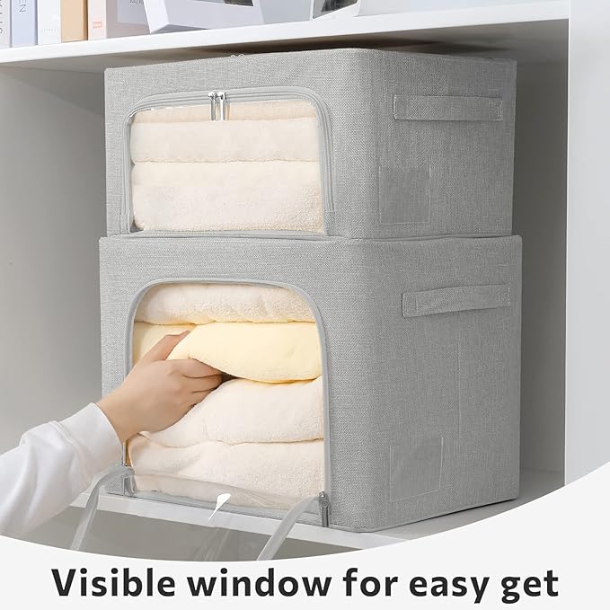 FHSQX 2 Pack Clothes Storage Bins Stackable Metal Frame Storage Box Large Capacity Foldable Linen Fabric Box Organizer with Carrying Handles and Clear Window (Light Gray, 19.7x 15.7x 12.6 Inch)